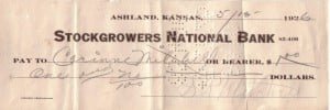 Stockgrowers National Bank check written by S. P. Mitchell in 1926