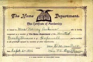 Certificate of Membership in the United Presbyterian Church of Hopewell dated 1906 for Mrs. Nancy AIKINS